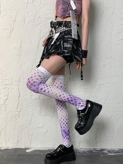 White&Purple Y2K Diamond Pattern Overknee Stockings