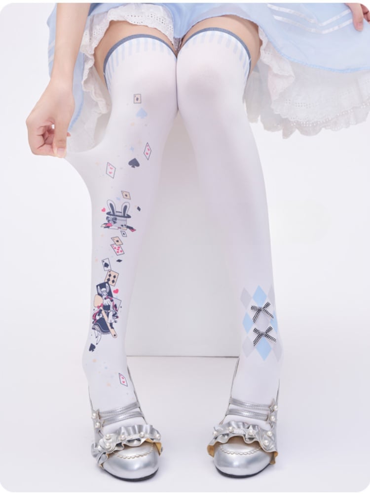Alice in Wonderland Vibes Poker Print White Over Knee Stockings