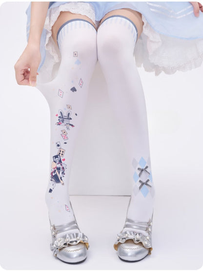 Alice in Wonderland Vibes Poker Print White Over Knee Stockings