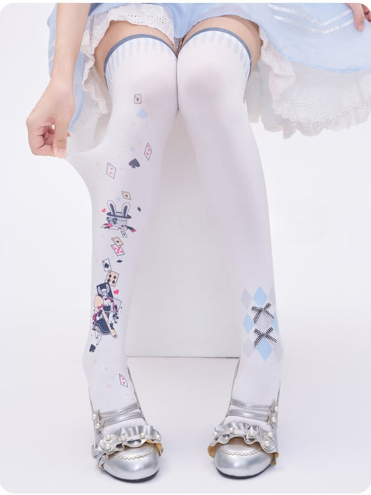 Alice in Wonderland Vibes Poker Print White Over Knee Stockings