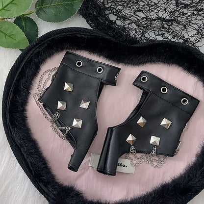 Studs Design Black Punk PU Leather Gloves