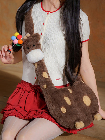 Brown Plush Giraffe Crossbody Bag