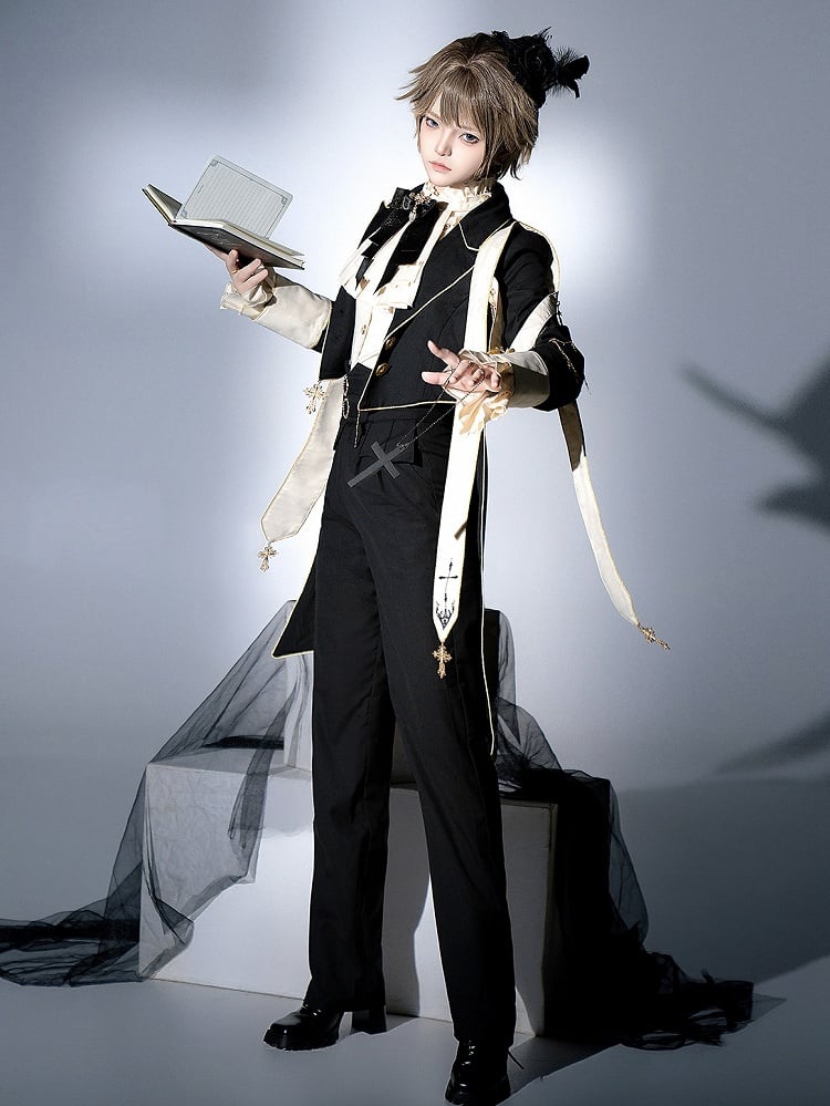 Clearance-Size L for Bust 98CM Black Ouji Lolita Cross Chains and Charms Decorated Stole Swallow Tail Blazer Coat