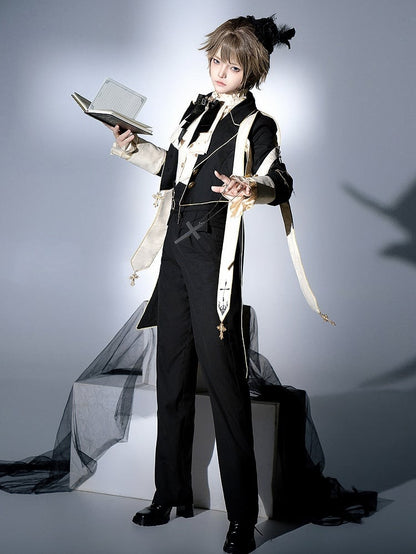 Clearance-Size L for Bust 98CM Black Ouji Lolita Cross Chains and Charms Decorated Stole Swallow Tail Blazer Coat
