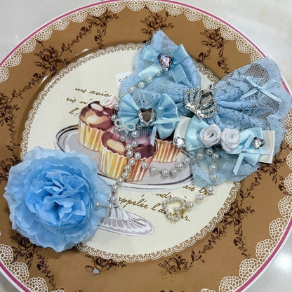 Two Blue Floral Design Rhinestone Heart And Crown Decorated Bead Chain Hairclips