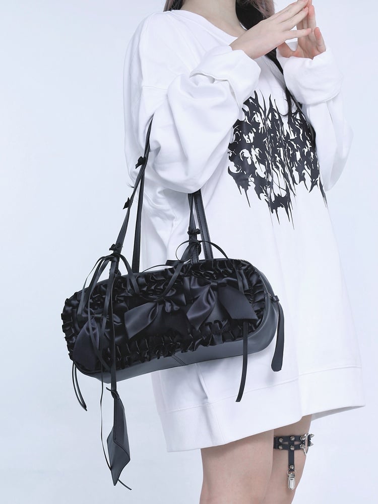 Black Jirai Kei Bowknot Details Self-tie Straps Ruffles Trim Shoulder Bag