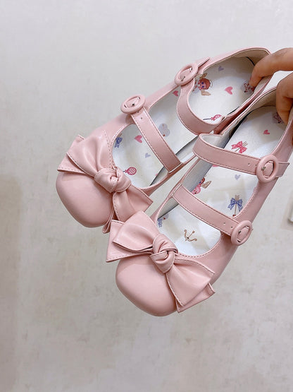 Bow Accents Sweet Pink Buckle Straps Shoes Princess Low Heels