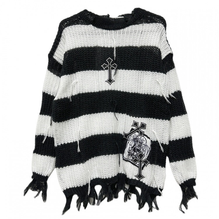 Punk Cross Applique Black and White Striped Distressed Sweater