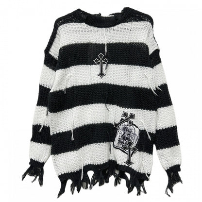 Punk Cross Applique Black and White Striped Distressed Sweater