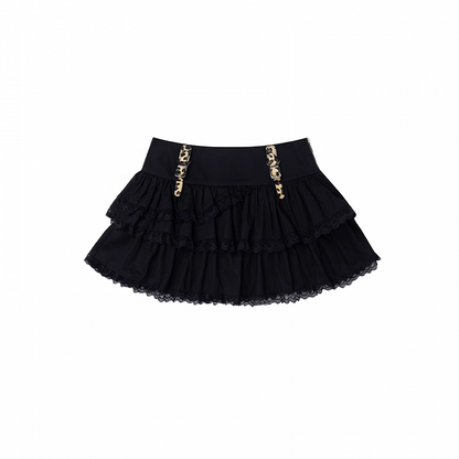 Leopard Pattern Buckle Straps Black Lace Trim Tiered Skirt