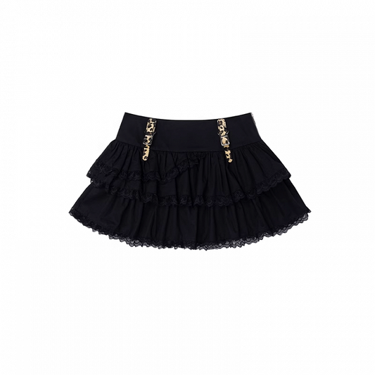 Leopard Pattern Buckle Straps Black Lace Trim Tiered Skirt