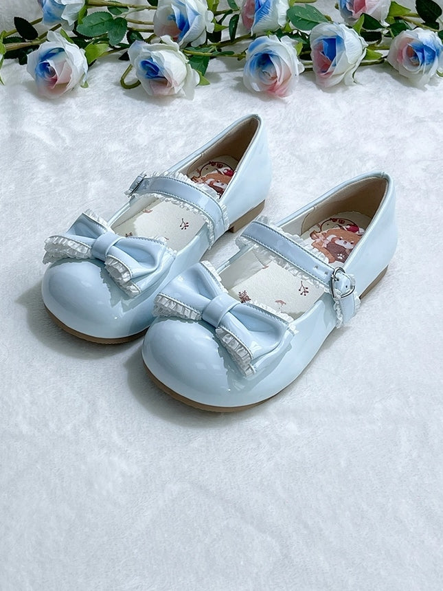 Light Blue Sweet Lolita Low-heel Mary Janes with Ruffle Accents, Heart Closure & Bow Embellishments