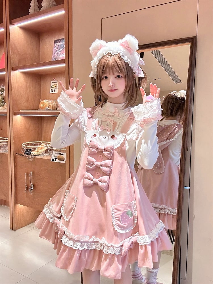 Bunny Ears Design Hood Pink Sweet Lolita Jumper Skirt Polka-dot Bowknot Details on Waist