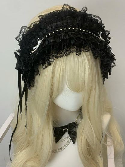 Black/White Studs Decorated Bowknot Details Ruffled Hairband