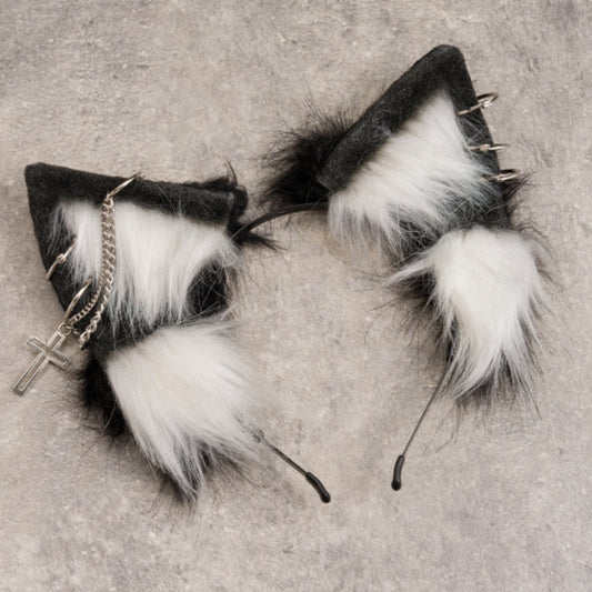 Cross Chains Decorated Black and White Gothic Kitty Ears KC