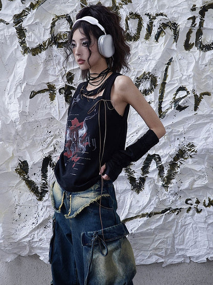 Punk Letters Print Black Lace-up Detail Sleeveless Top