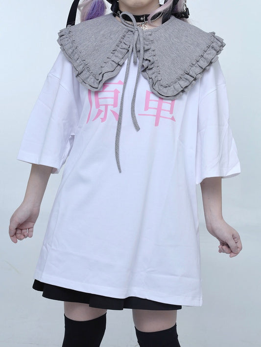 White Jirai Kei Oversized Round Neck Graphic T-shirt