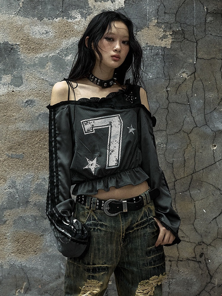 Gray Asymmetrical Neckline Number Print Blokette Core Punk Top