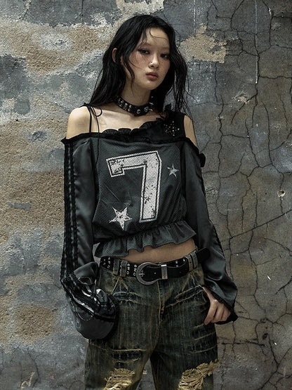 Gray Asymmetrical Neckline Number Print Blokette Core Punk Top