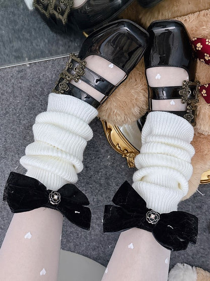 Black/White Leg Sleeves With Black Bowknot Details