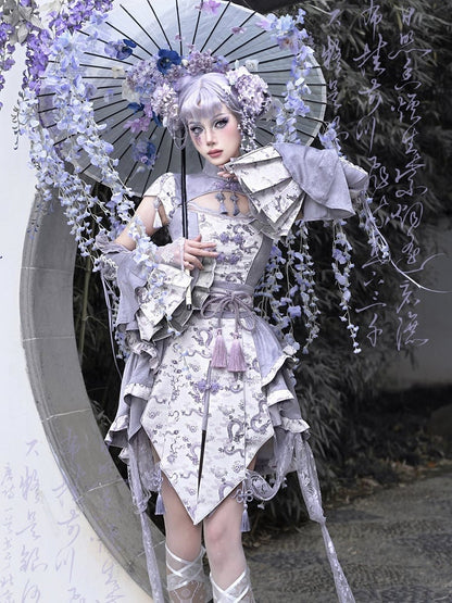 Purple Corset Belt Waist Irregular Layered Skirt Chinoiserie Knot Button and Tassels