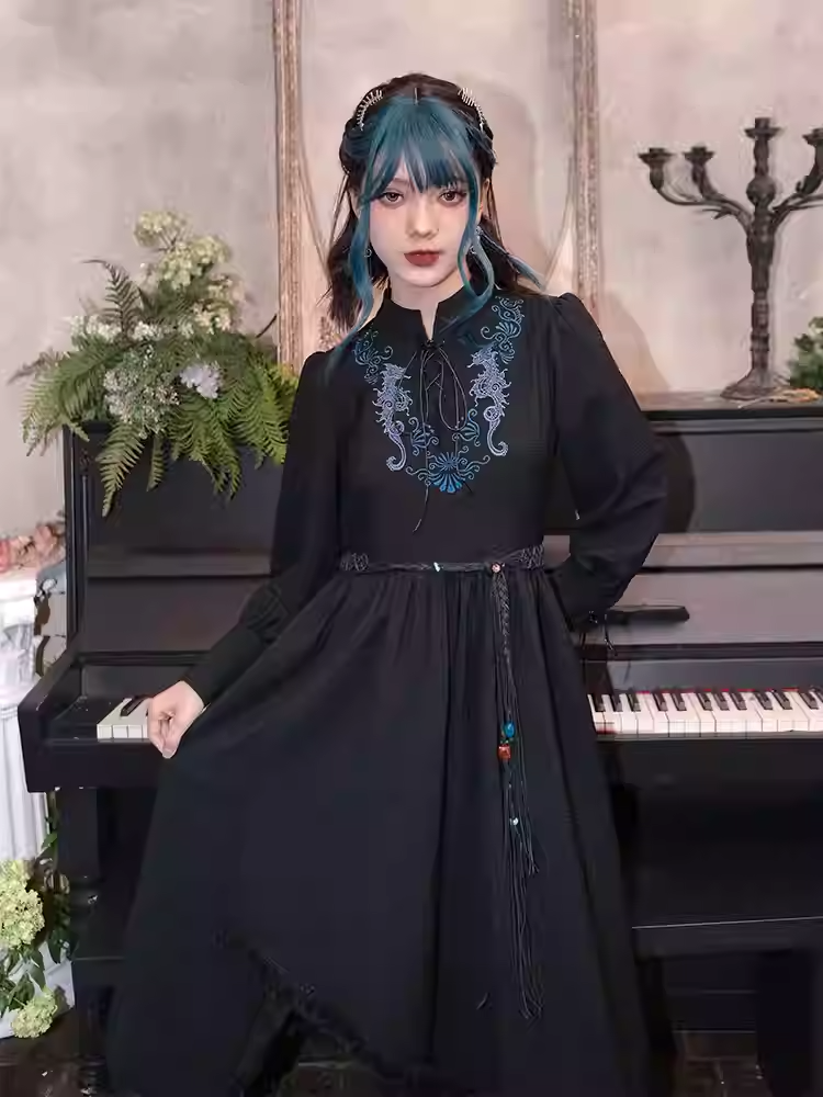 Blue Seahorse Embroidery Tassel Hem Black Cheongsam Style Dress with Lace-up Detail at Front