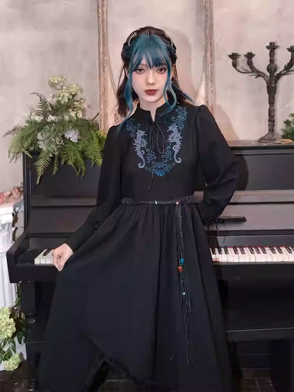 Blue Seahorse Embroidery Tassel Hem Black Cheongsam Style Dress with Lace-up Detail at Front