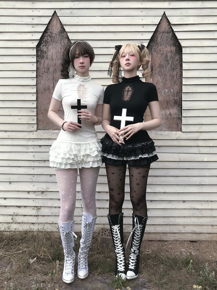 Gothic Black/White Elastic Waist Tiered Cross Lace Trim Bloomers Skort