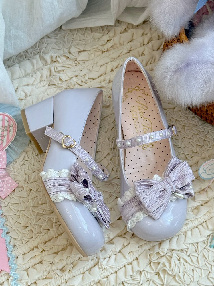 Purple Beaded Decorated Bow at Top 2.5CM/5CM Block Heels Round Toe Shoes