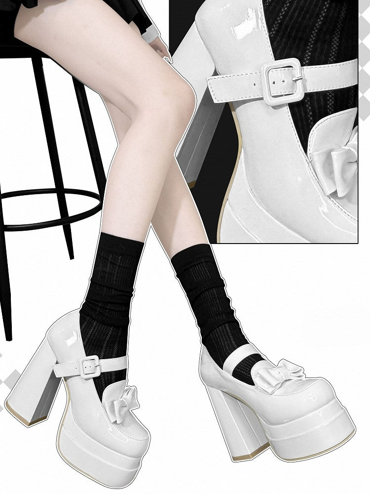 Bow at Top White Platform Mary Janes High Block Heel