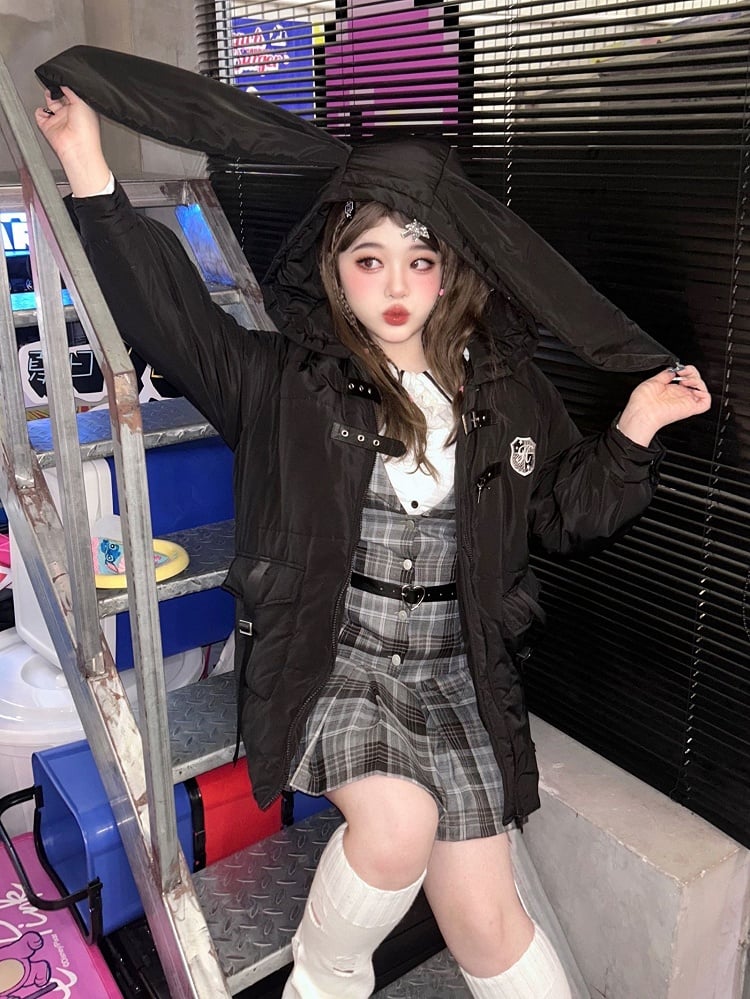 Plus Size - White Long Sleeves Shirt / Gray Plaid Dress Box Pleat Skirt