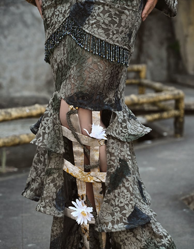 Dusty Green Tie Dye Pastel Goth Mermaid Skirt Flower Birdcage Hemline