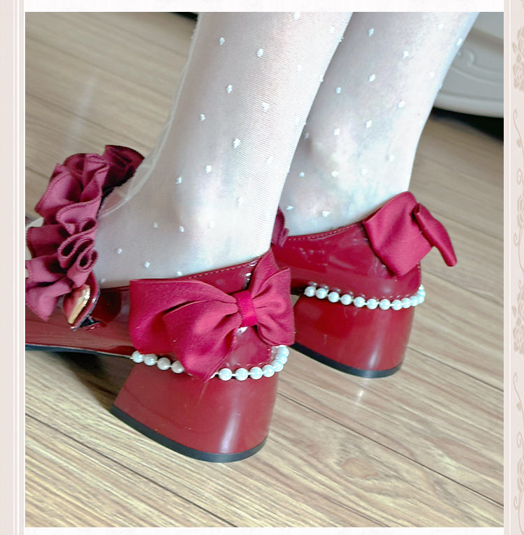 Polished Wine Red Round Toe Ruffle Trim 6CM Block Heel Mary Janes with Beaded Chain