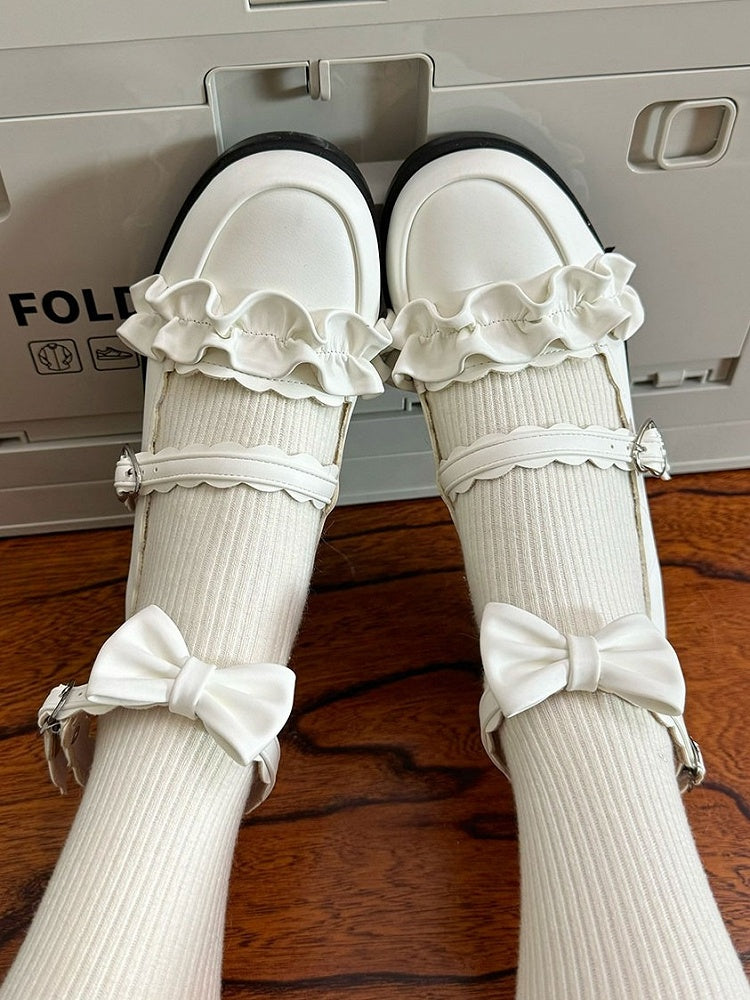 White Ruffles Trim Bowknot Decorated Heart Buckles Lolita Shoes