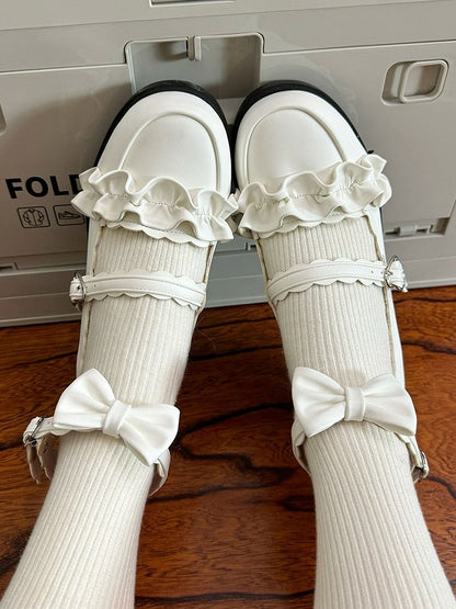 White Ruffles Trim Bowknot Decorated Heart Buckles Lolita Shoes