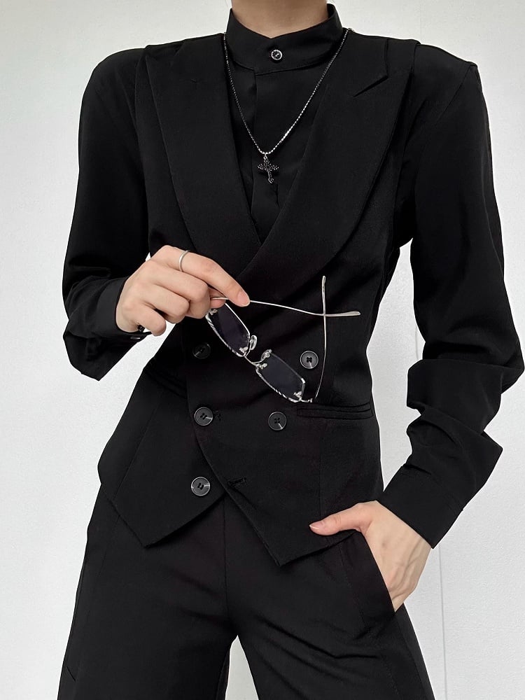 Ouji Lolita Black Unisex Mandarin Collar Long Sleeve Shirt with Button-Down Front