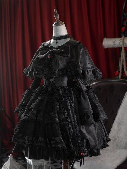 Black Gothic Layered Bell Sleeves Drawstring Skirt Kuro Lolita Dress + Cape