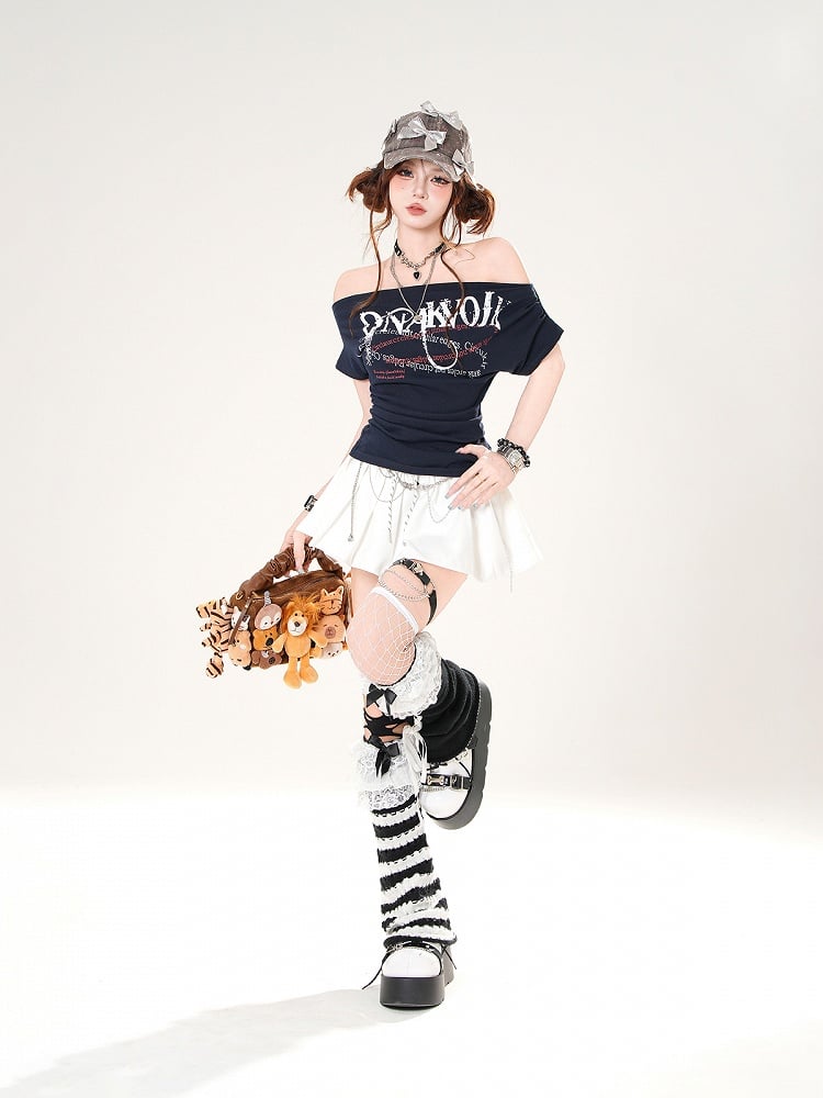 Off-the-shoulder Neckline Letter Print Gray/Navy Blue Slim-fitting T-shirt