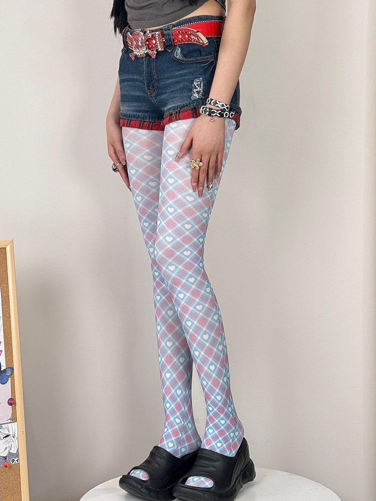 Blue&Pink Y2K Diamond Pattern Heart Print Tights