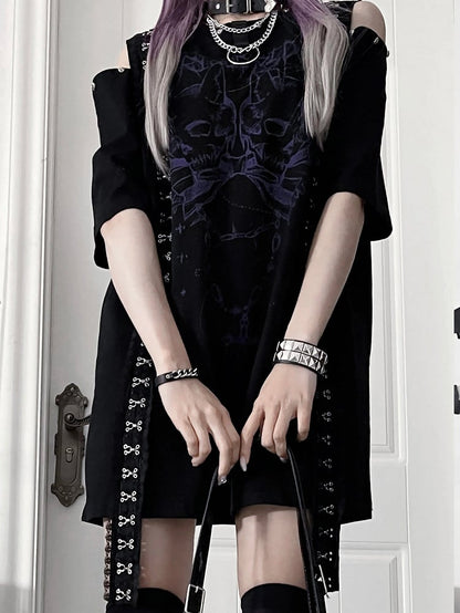 Black&Purple Emo Punk Cutout Shoulder Design T-shirt