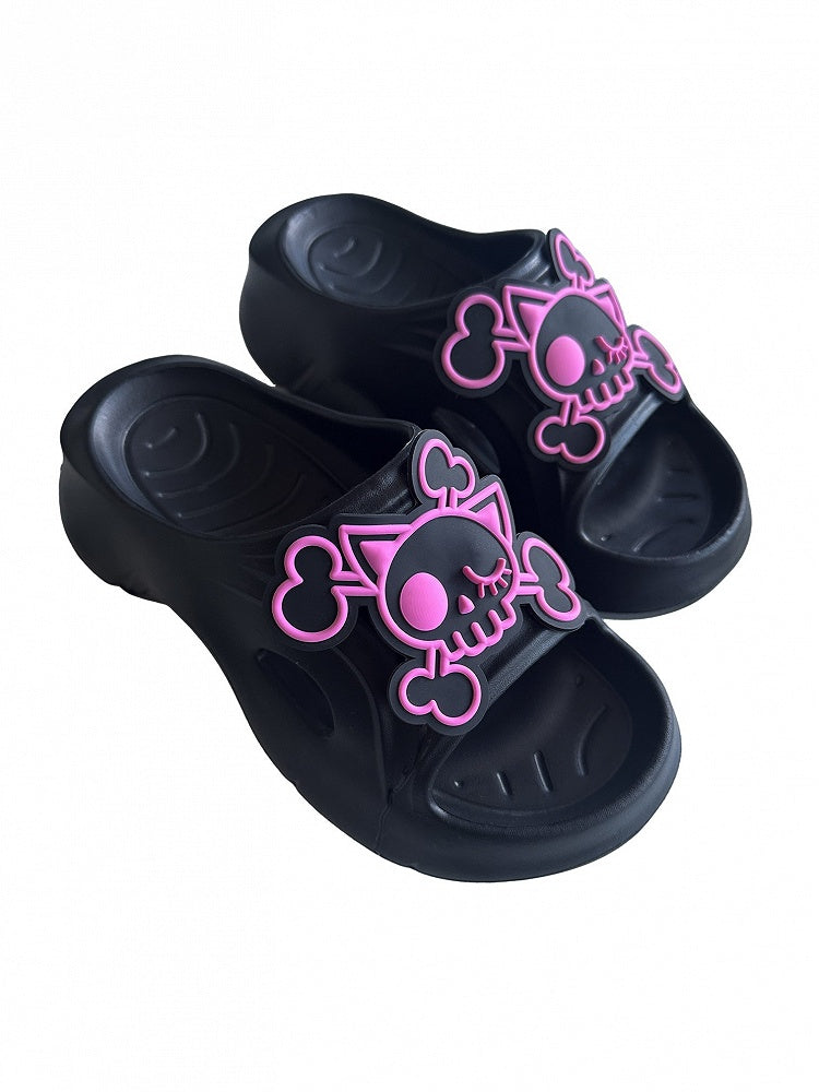 Black and Pink Gothic Skeleton Applique Thick Summer Slippers