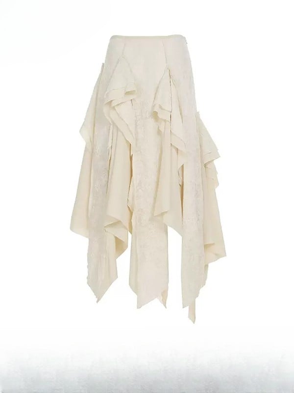 White Contrast Lace Patches Asymmetrical Hem Skirt