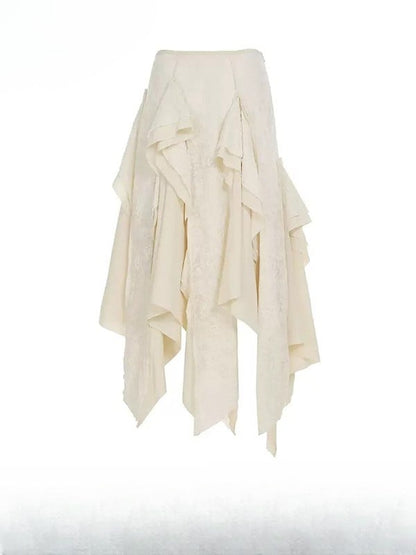 White Contrast Lace Patches Asymmetrical Hem Skirt