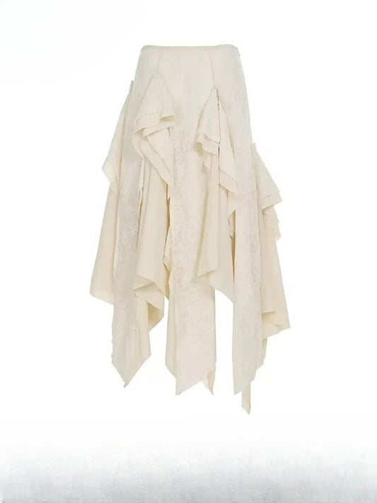 White Contrast Lace Patches Asymmetrical Hem Skirt