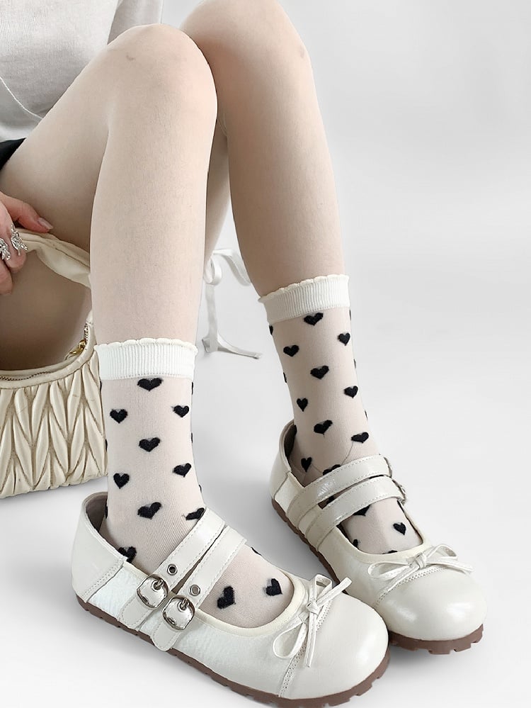 White&Black/Purple Heart Embroidery Ribbed Trim Calf Socks