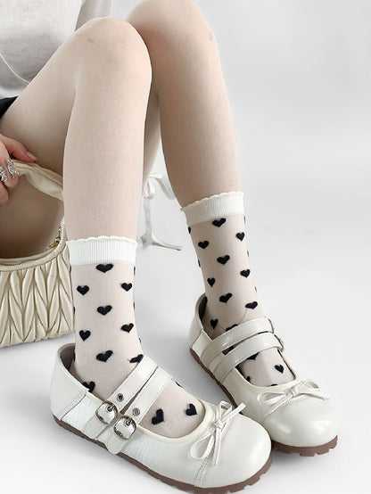 White&Black/Purple Heart Embroidery Ribbed Trim Calf Socks