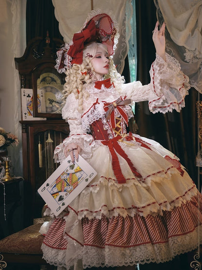 Red Queen Red Bow Accents Boned Corset Top + Tiered Skirt Gorgeous Hime Lolita Full Set