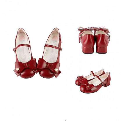 Bow at Top Wine Red Round Toe 3cm Heel Sweet Mary Jane Shoes