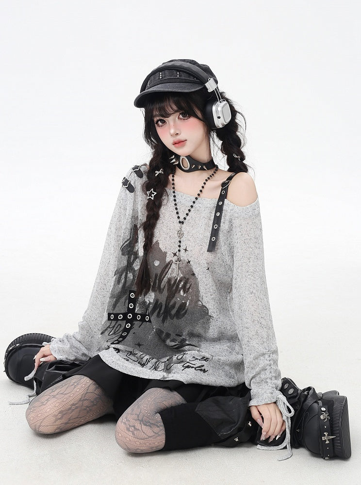 Asymmetrical Neckline Graffiti Print Star Buckles Light Gray/Black Coverup