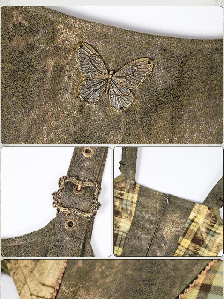Green Plaid Buckle Straps Metal Butterfly Top